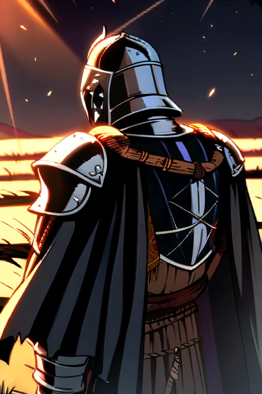 ((manga style drawing)) male templar knight in armor in the middle of a desolate battlefield, with a black cape hanging on his back and a medieval helmet on his head and with a black sword tied to his back by leather ropes