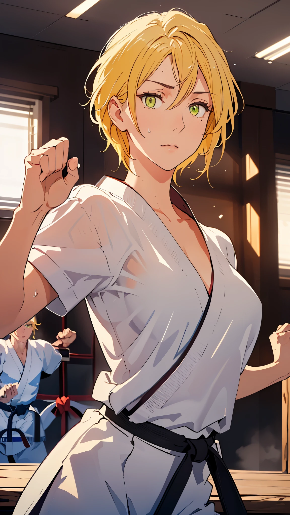 ((((masterpiece, best quality, high resolution)))), Extremely detailed 8K, 1 female, wearing a white Karate gi, (Ultra HD, Ultra-detailed, Highly detailed, Highly realistic, Ultra-realistic, photograph realistic), (1girl:1.5), (Realistic yellow hair), (dynamic poses), facing at camera, looking at viewer, (slightly serious face), (green eyes, sharp eyes), (perky breasts:1.2), (beautiful detailed face, beautiful detailed eyes), ((worn out karate gi)), (preparing for a fight), sweat, glow, (sunbeam, sunlight), ((cowboy shot)), inside a training gym, seductive, EnvyBetterHands LoCon,