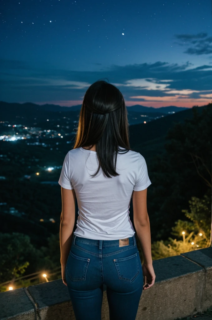A girl looks at the view from the top of the hill , look at the night time bookie , wearing jeans and a t-shirt..picture taken from behind