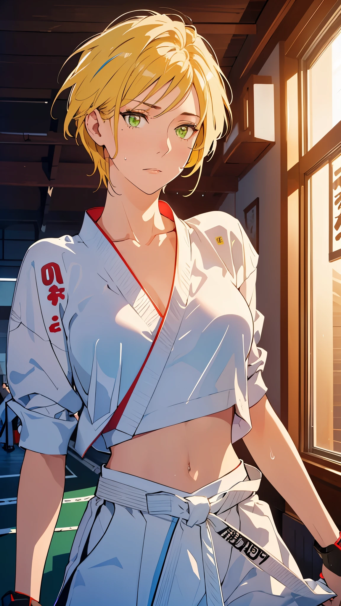 ((((masterpiece, best quality, high resolution)))), Extremely detailed 8K, 1 female, wearing a white Karate gi, (Ultra HD, Ultra-detailed, Highly detailed, Highly realistic, Ultra-realistic, photograph realistic), (1girl:1.5), (Realistic yellow hair), (dynamic poses), facing at camera, looking at viewer, (slightly serious face), (green eyes, sharp eyes), (perky breasts:1.2), (beautiful detailed face, beautiful detailed eyes), ((worn out karate gi)), (preparing for a fight), sweat, glow, (sunbeam, sunlight), ((cowboy shot)), inside a training gym, seductive, EnvyBetterHands LoCon,