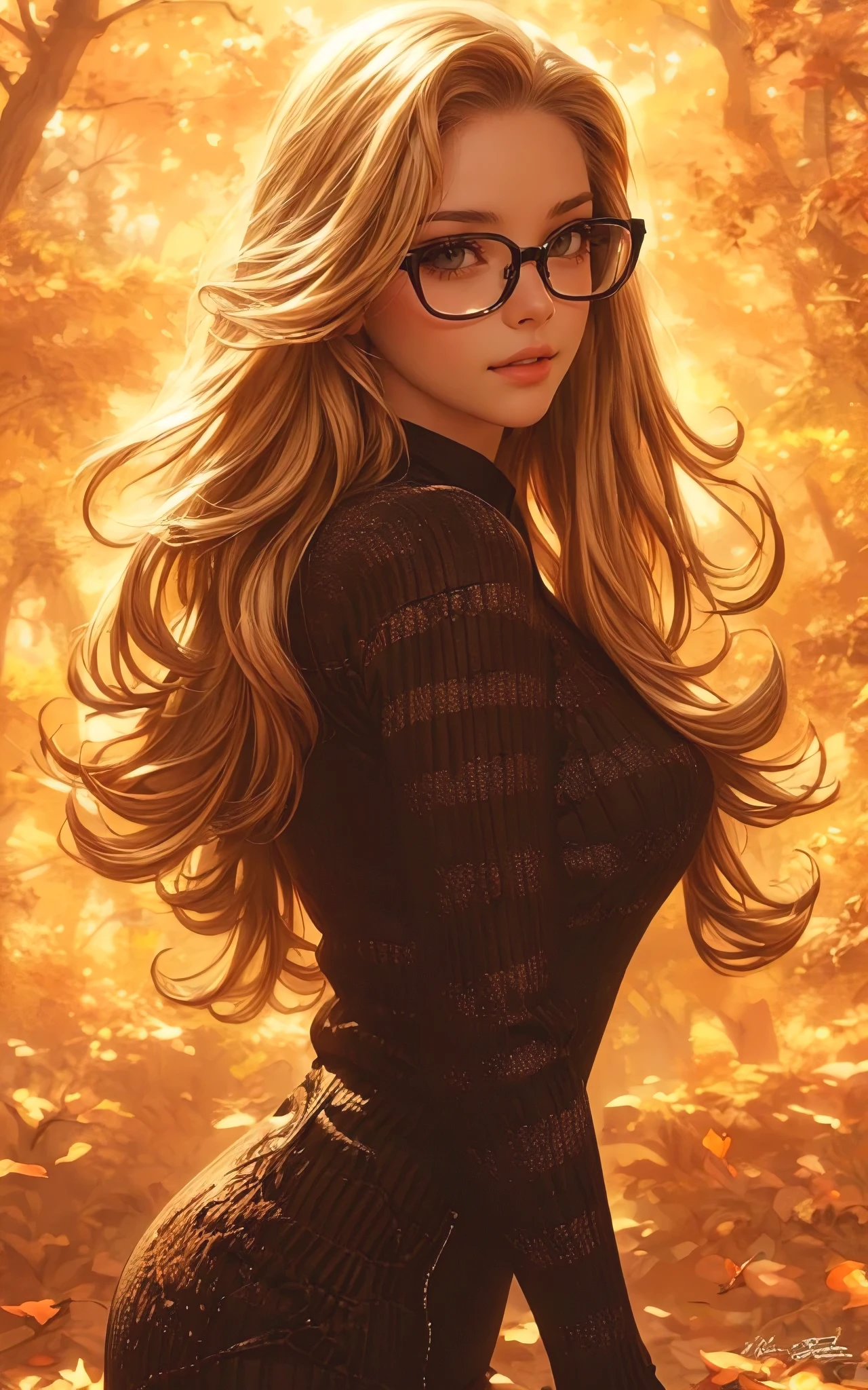 (best quality,4k,8k,highres,masterpiece:1.2),ultra-detailed,(realistic,photorealistic,photo-realistic:1.37), best illustration by artgerm and gerald brom, beautiful woman, perfect body proportions, slender with generous curves, casual autumn clothes, city park, glasses, highly detailed, high definition, elaborate details, photorealistic