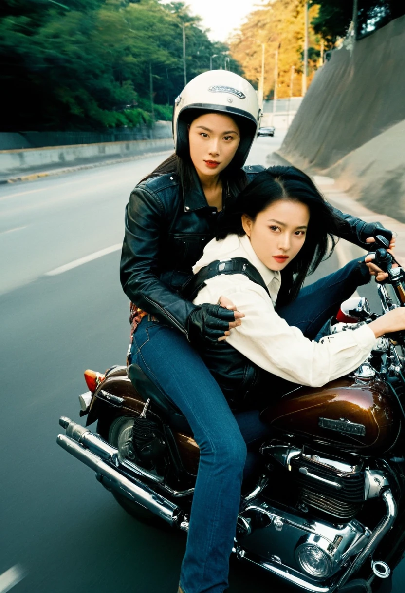 Create an image of two individuals riding a motorcycle. The male in the front should be wearing a dark half helmet, a flannel shirt, and dark gloves. The motorcycle should have a classic design with round headlights and rearview mirrors on both sides. The young female in the back is wearing white shirt and dark skirt with a light-colored open face helmet, and carrying a black backpack with straps over both shoulders. She should be seated behind the first rider, hugging onto the male for stability. The setting is a street under a tunnel at night with dim yellow street lighting casting shadows and creating a moody atmosphere. The camera angle is from the front  capturing the motion of the motorcycle as it moves. Wong Kar Wai color palette