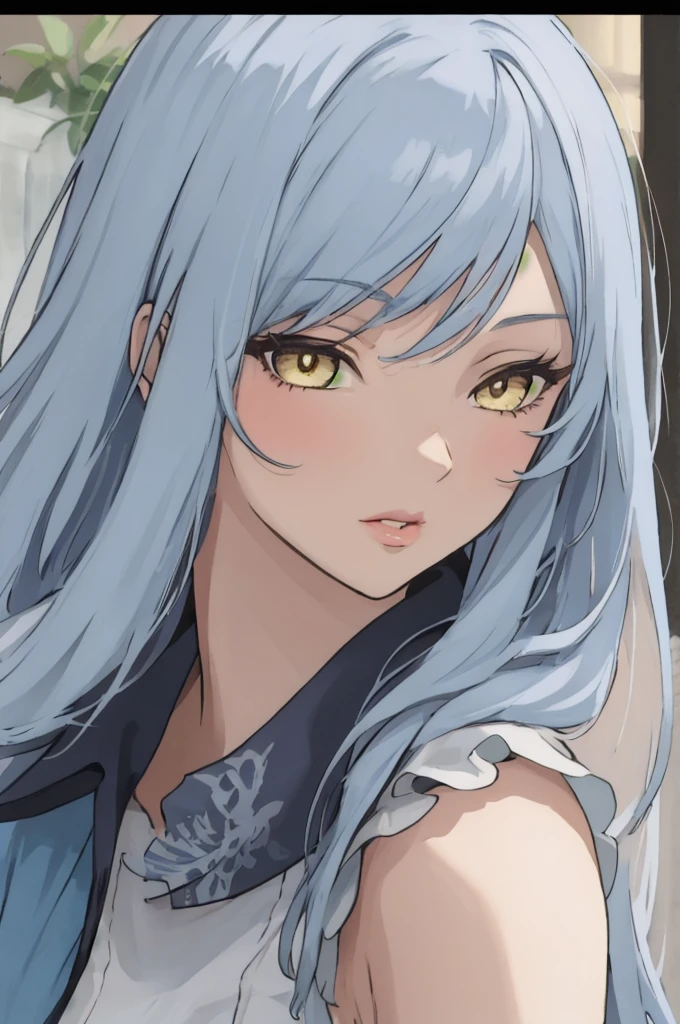 anime style, 1girl, light blue hair, long hair, yellow eyes, white sleeveless dress, light purple sleeves, lips,, portrait,,