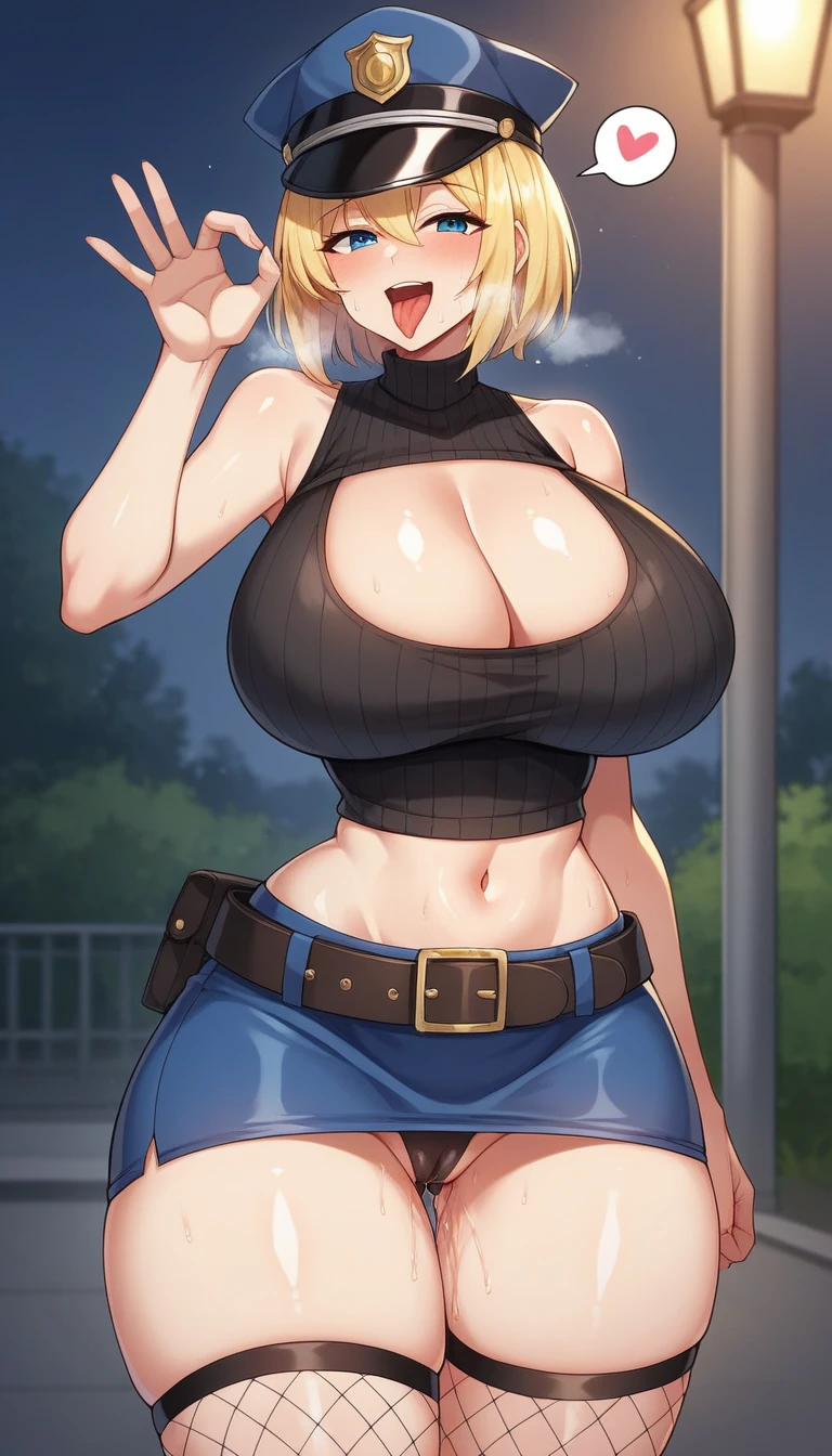 score_9, score_8_up, score_7_up, score_6_up, outdoor, night,
BREAK
source_anime, 
BREAK
1girl, blue eyes, blonde hair, medium bob, elect big nipple, huge breasts, smile, open mouth, tongue out, fellatio gesture, spoken heart, 
sexy police, sleeveless sweater, black sweater,  pencil mini Skirt,navel, peaked cap, belt, fishnet thighhighs, up skirt,
tall, leggy, glistened skin, oiled skin, shiny skin, heavy breathing, wide hips, tight waist, thick thighs, 
pussy juice, 
standing,