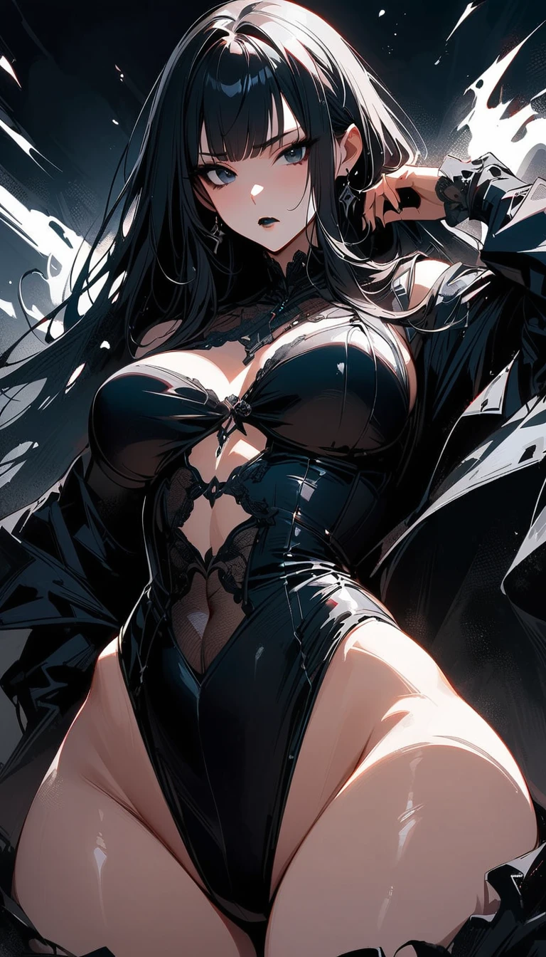 (high quality, 8k, 4K, high contrast, artwork:1.2, high quality, best aesthetics), (dynamic angle), ((1 woman)), erotic, sensual, mature body, super detailed, beautiful face detailed, beautiful eyes detailed, detailed beautiful mouth, perfect breasts, wide thighs, sexy body, (long straight black hair), (black eyes), (black lipstick), (black eyeliner), (black eyeshadow), (serious expression), (penetrating gaze),