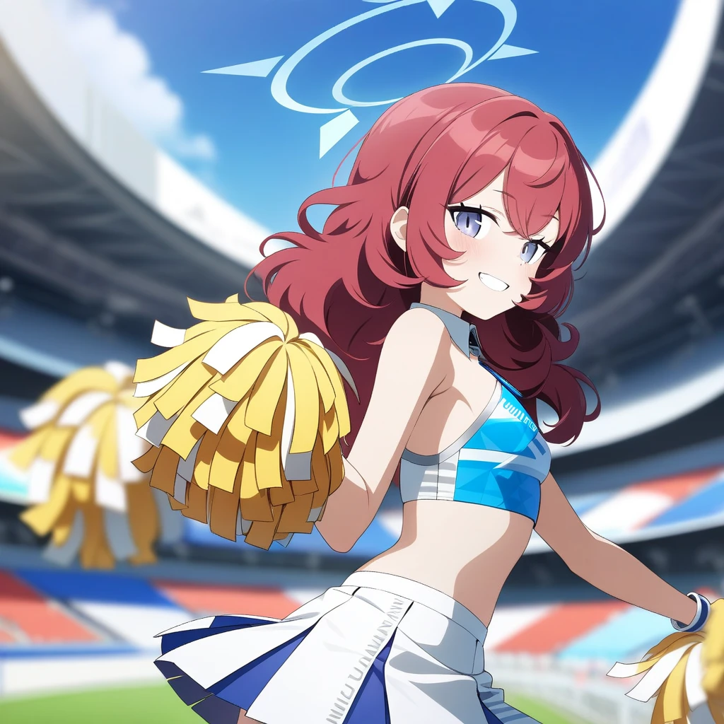 1girl, eko, absurdres, official art, absurdres, blue archive, iroha (blue archive), alternate costume, black eyes, blue halo, blue sky, blurry, breasts, cheerleader, depth of field, grin, halo, hand up, holding, holding pom poms, long hair, looking at viewer, looking back, millennium cheerleader outfit (blue archive), outdoors, pleated skirt, pom pom (cheerleading), red hair, skirt, sky, small breasts, smile, solo, stadium, standing, white skirt, ((very aesthetic, best quality, ultra detailed))