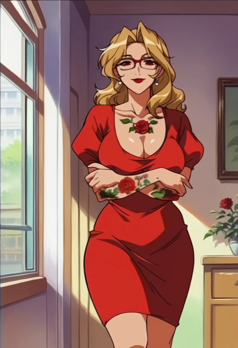rating_explicit,beautyful mature woman, Shion Karanomori based, blonde wavy hair, encorped body, red glasses, red lipstick, red low-cut dress, whole body roses tattoos,,in city, morning, milf, smile, red eyes, crossed arms, large breasts