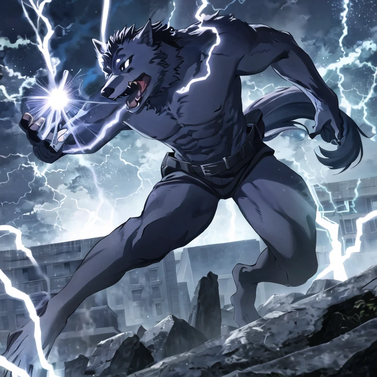 action shot of breathtaking 1boy, solo, facial mark, black eyes, white sights, fangs, dake blue skin, werewolf
. award-winning, professional, highly detailed. Movement, energy, dynamic, intense, lightning