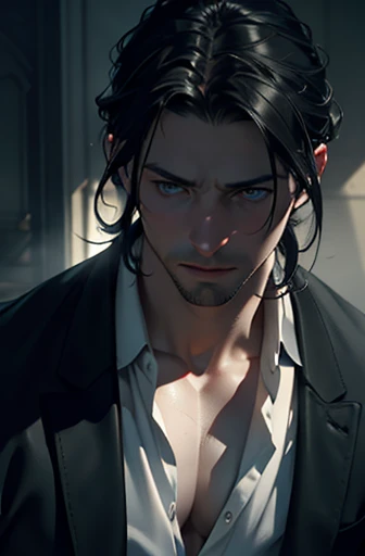 1male with black hair, blue eyes, and pale skin, 31 years old, (best quality,4k,8k,highres,masterpiece:1.2),ultra-detailed,(realistic,photorealistic,photo-realistic:1.37),cinematic lighting,dramatic lighting,intricate details,porcelain skin,elegant,serene,thoughtful expression,atmospheric,moody,dramatic shadows,chiaroscuro,neo-renaissance