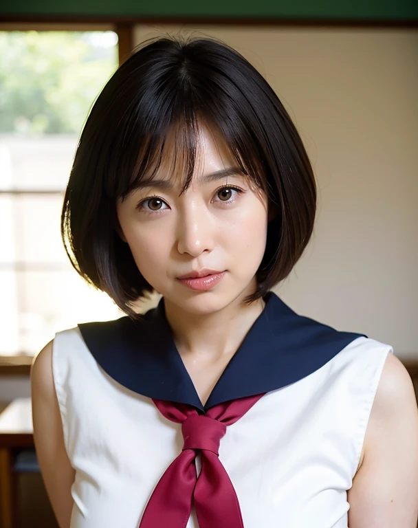 Highest品質, Face Focus, Soft Light, Ultra-high resolution, (Realistic:1.4), RAW Photos,1 Japanese girl, alone, cute, (A shy smile:0.5), (Iris, light in your eyes),  Beautiful face in every detail,,(High resolution detail of human skin texture),(Short Bob Hair),In the classroom,Japanese Sailor Suit, Highest, skirt