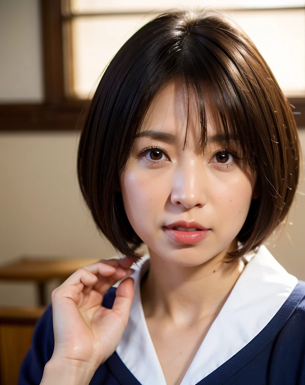 Highest品質, Face Focus, Soft Light, Ultra-high resolution, (Realistic:1.4), RAW Photos,1 Japanese girl, alone, cute, (A shy smile:0.5), (Iris, light in your eyes),  Beautiful face in every detail,,(High resolution detail of human skin texture),(Short Bob Hair),In the classroom,Japanese Sailor Suit, Highest, skirt