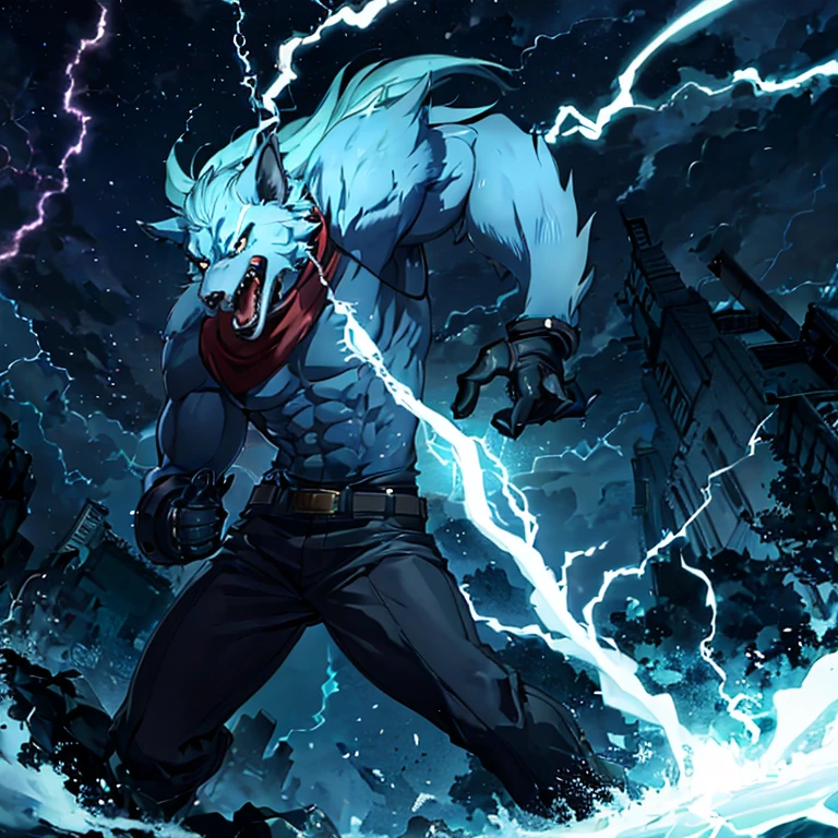 action shot of breathtaking 1boy, solo, facial mark,black eyes,white sights, fangs, dake blue skin, werewolf 
 . award-winning, professional, highly detailed. Movement, energy, dynamic, intense, lightning