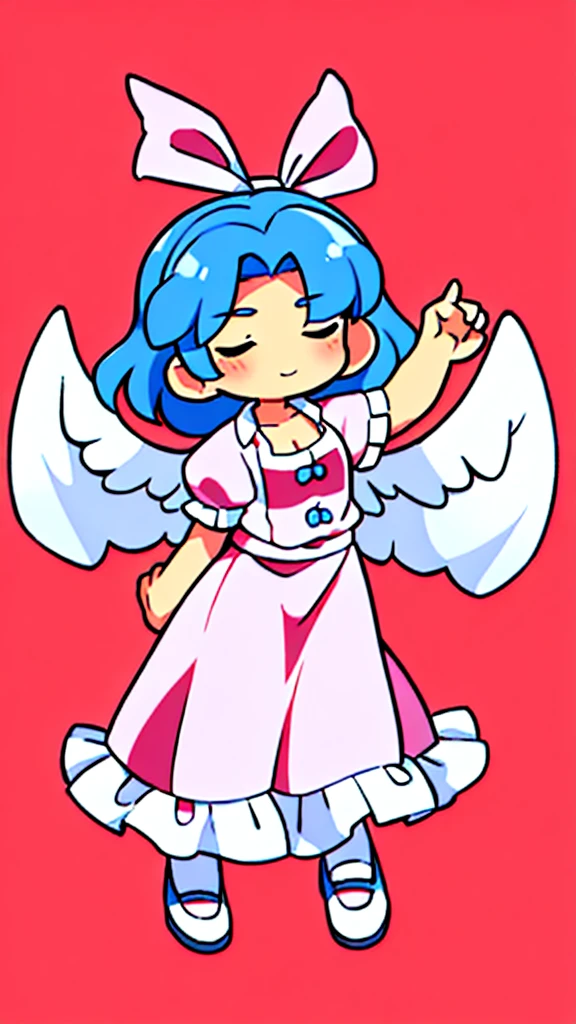masterpiece, best quality, 1girl, , , , medium blue hair, hair flaps, pink ribbon on head, well-formed face, blue eyes, angel girl, white blouse, puffy short sleeves, red ribbon, angel wings, long white skirt, red shoes, frills, ribbon head, from behind, to lift up one’s skirt, cowboy shot, from front, standing , raise one leg, crossed arms, arms up behind, arms behind back, hand between legs, put hands hip, one hand on hip, forward hands, arms raised in the air, punch hands, peace sign, waving, put up index finger, sit, lie down, closed eyes, lie face down, looking back, put one hand chest, leaning forward, cleavage, close up, horizontally outstretched arms, horizontally outstretched legs, front view, front face