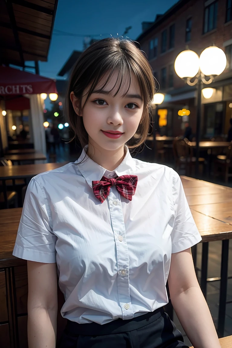 (8K, RAW Photos, Highest quality, masterpiece:1.2), (Realistic, photo-Realistic:1.37), Very detailed, 1 Girl,cute, alone,Beautifully detailed skies,Detailed Cafe,night,Sitting,date,(Red Nose),(smile:1.1),(Mouth closed), Medium Chest,Beautiful attention to detail,(Collared shirt:1.1), bow tie, blue short,(Medium Hair:1.2),Floating Hair