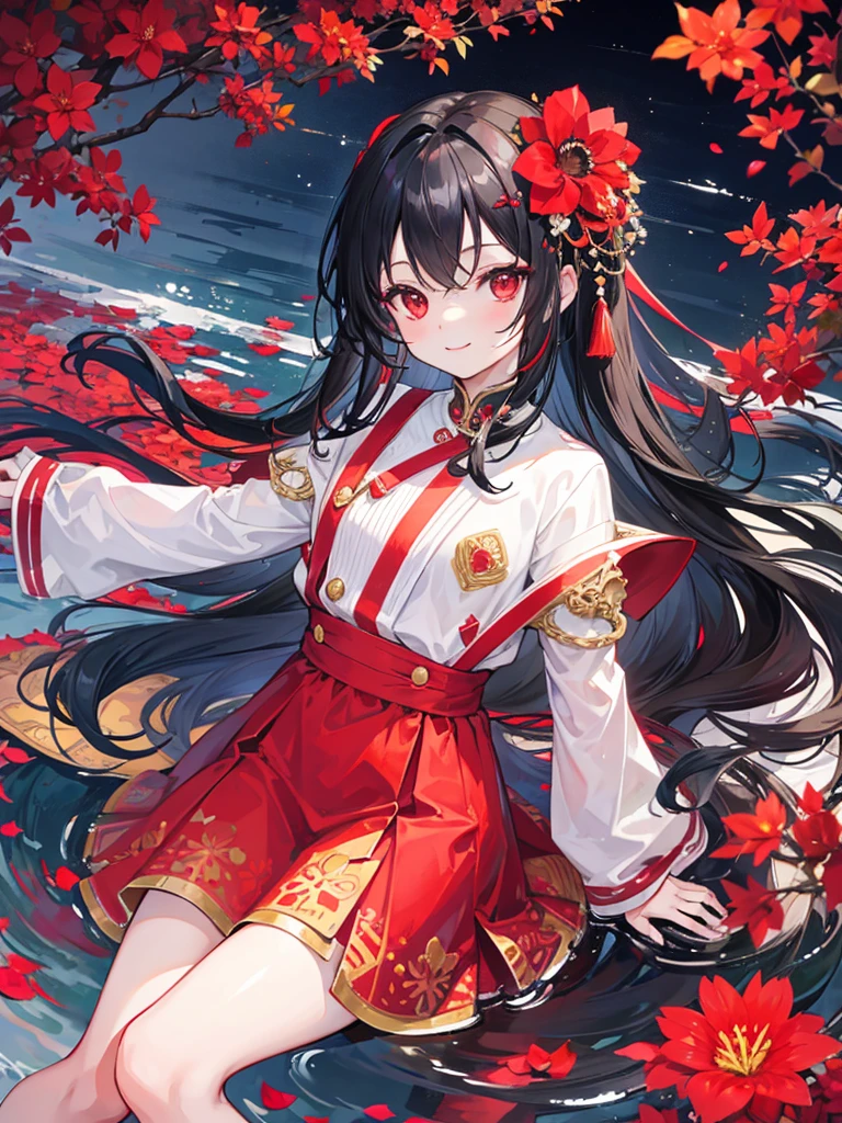 , red eyes, long wavy curry black hair, ???, smile, background in lake garden. Wear a flower-shaped hairpin on only one side