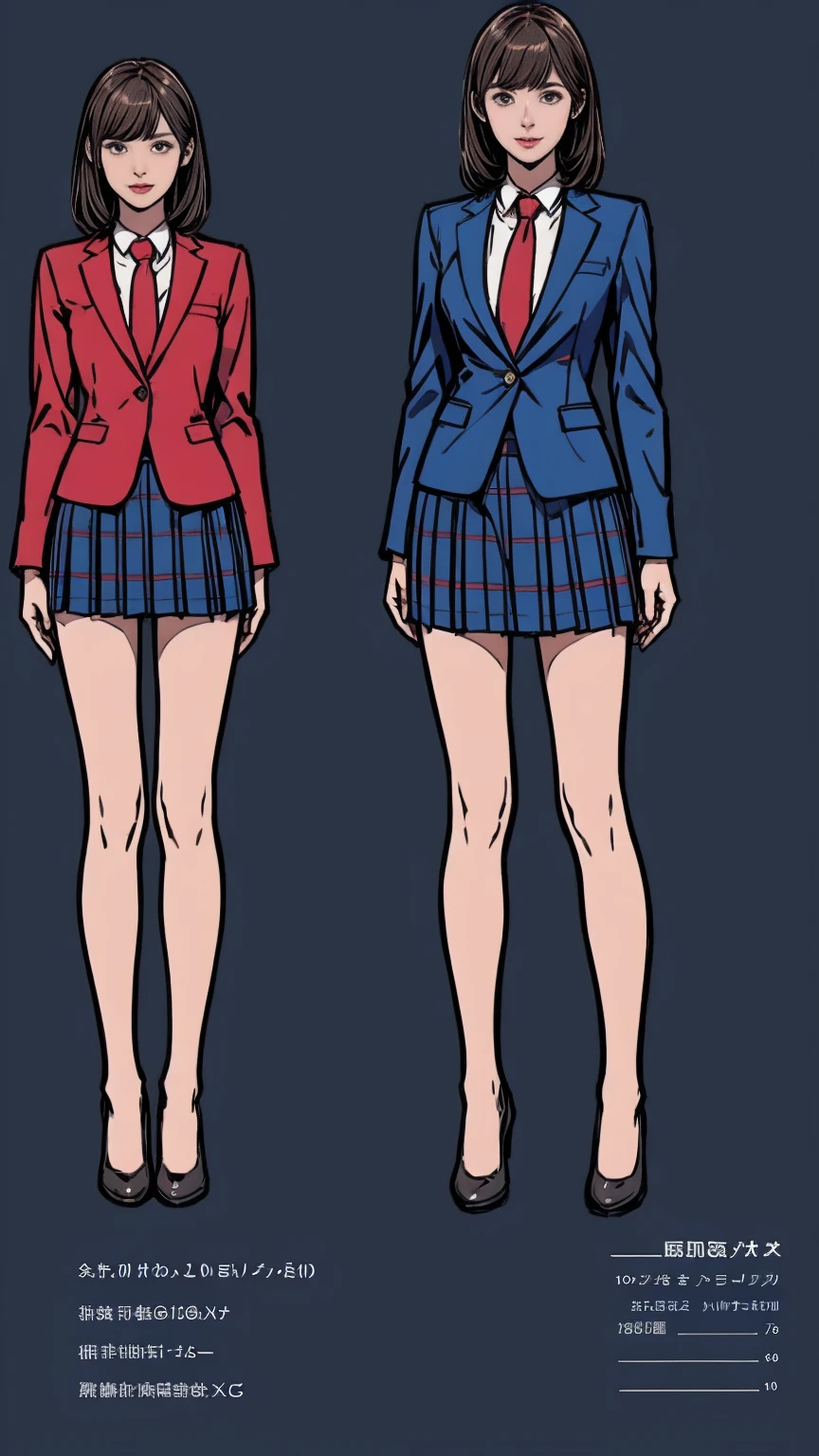 ((masterpiece)),(((Highest quality))),((Character design sheet)),Thin thighs,Long legs,Girl standing in a school classroom,Red Tie Uniform,Dark Blue Blazer,Blue plaid skirt,18-year-old,bangs,A small smile,Random Pause,pretty girl,Slender girl,