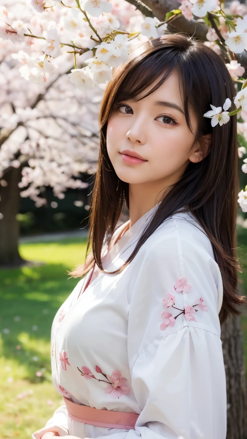 (A logo、masterpiece、8K、masutepiece、Raw photo、Fantastic、Best Quality、Photorealistic、extremely detailed CG unified 8k wallpaper、hightquality、ighly detailed、epic poem、Particle effect、Dynamic effects、depth of fields、Cinematic Light、Lens Flare、Ray tracing)、Fantasia、 (Beauty 1 person、White Japanese Clothing、Japanese dress、White cherry blossom pattern、White cherry blossom embroidery pattern、A dark-haired、Beautiful face、Real Face、Beautiful detail eyes、Beautiful skin)、Hair flutters in the wind、Hair jumps、Pink cherry blossom tree、Petals flutter、Sakura blizzard、Superb view、morning glow、Sun in the background、the wind、Deities、tusk、myth、Vast Land、