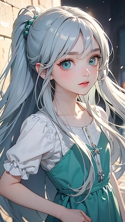 Highest quality、Realistic、girl、look up、cute、Emerald Eyes、Silver Hair、Straight hair、Long Hair、Please comb your hair、Light blue dress、thin、Cowboy Shot
