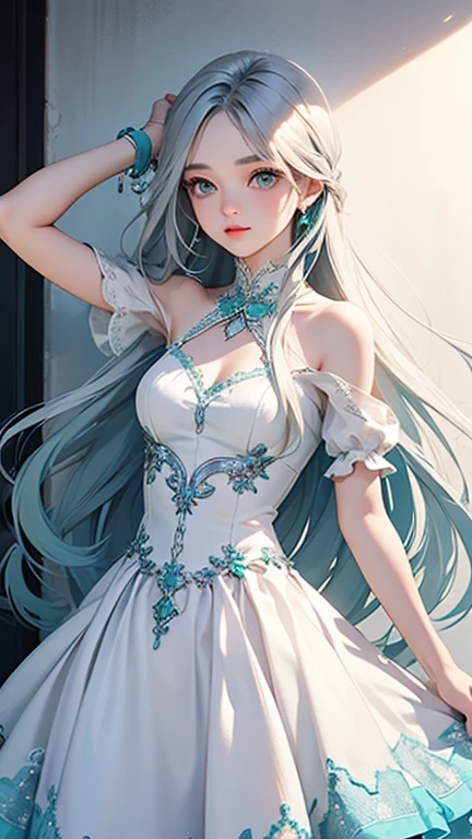 Highest quality、Realistic、girl、look up、cute、Emerald Eyes、Silver Hair、Straight hair、Long Hair、Please comb your hair、Light blue dress、thin、Cowboy Shot