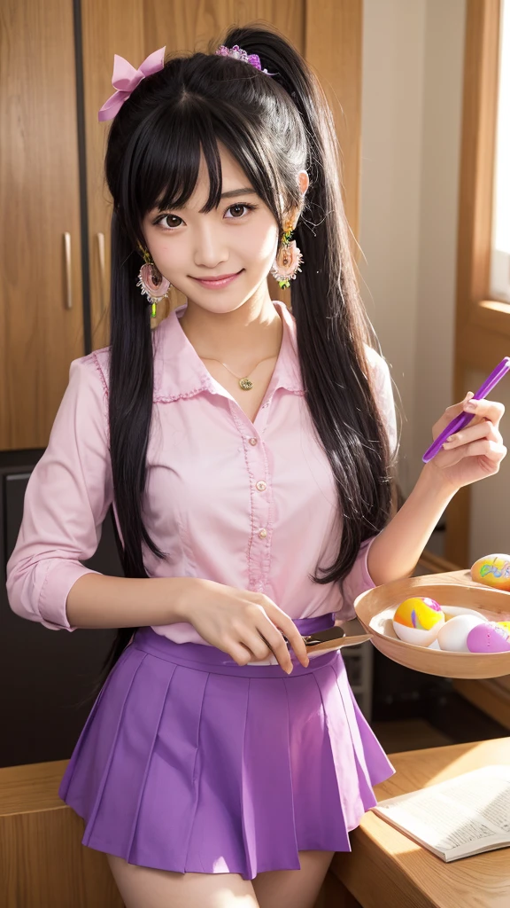 masterpiece, One girl, Medium chest, alone, araragi karen, hair ornaments, egg hair ornaments, Side Ponytail, Black Hair, food-themed hair ornaments, fried egg, View your viewers, egg (food), Long Hair, (Iris:1.1), Purple Skirt, No sleeve, Pink Shirt, homework, Book, Holding a pencil, Grin