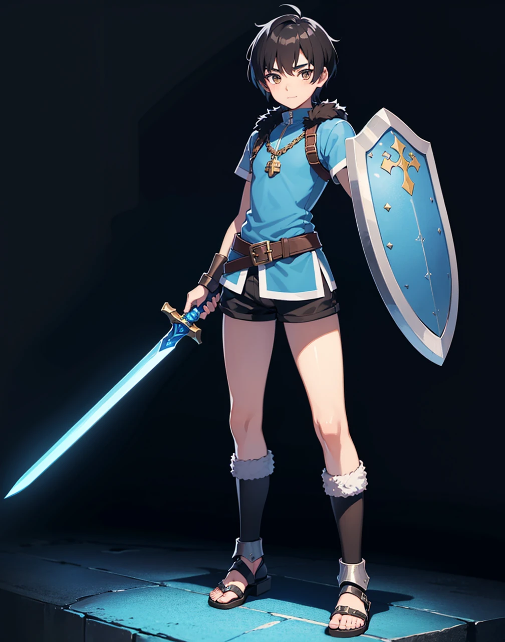 Young 13-year-old boy with black hair and brown eyes, innocent and happy, dressed in short neon-blue medieval barbarian clothes, fur shorts, light-blue battle armor, weilding silver sword and shield, sandals; fullbody; short hair, boyish athletic, sexy, medieval background