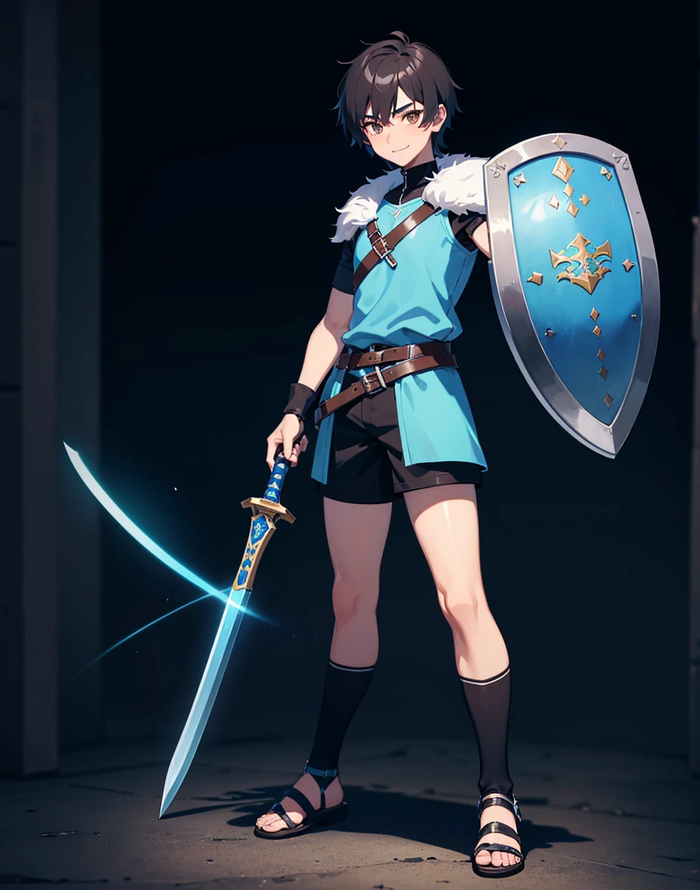Young 13-year-old boy with black hair and brown eyes, innocent and happy, dressed in short neon-blue medieval barbarian clothes, fur shorts, light-blue battle armor, weilding silver sword and shield, sandals; fullbody; short hair, boyish athletic, sexy, medieval background