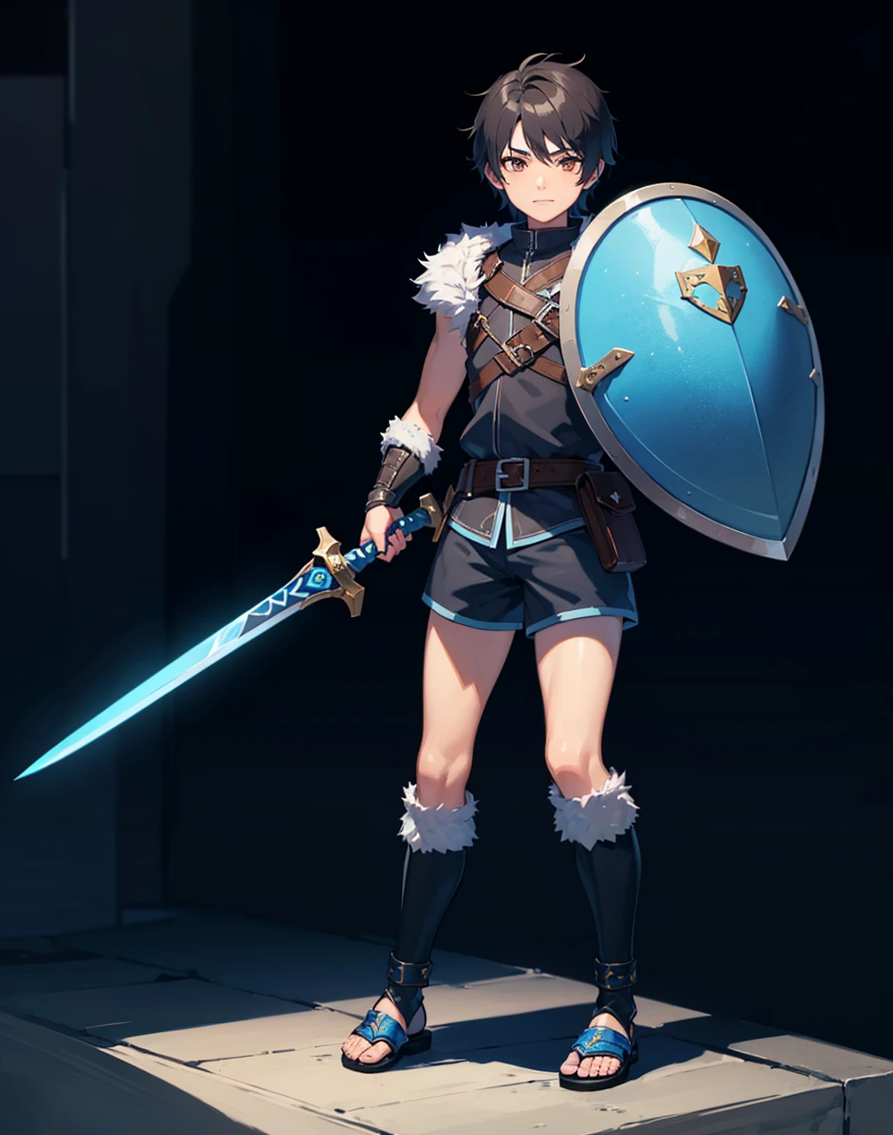 Young 13-year-old boy with black hair and brown eyes, innocent and happy, dressed in short neon-blue medieval barbarian clothes, fur shorts, light-blue battle armor, weilding silver sword and shield, sandals; fullbody; short hair, boyish athletic, sexy, medieval background