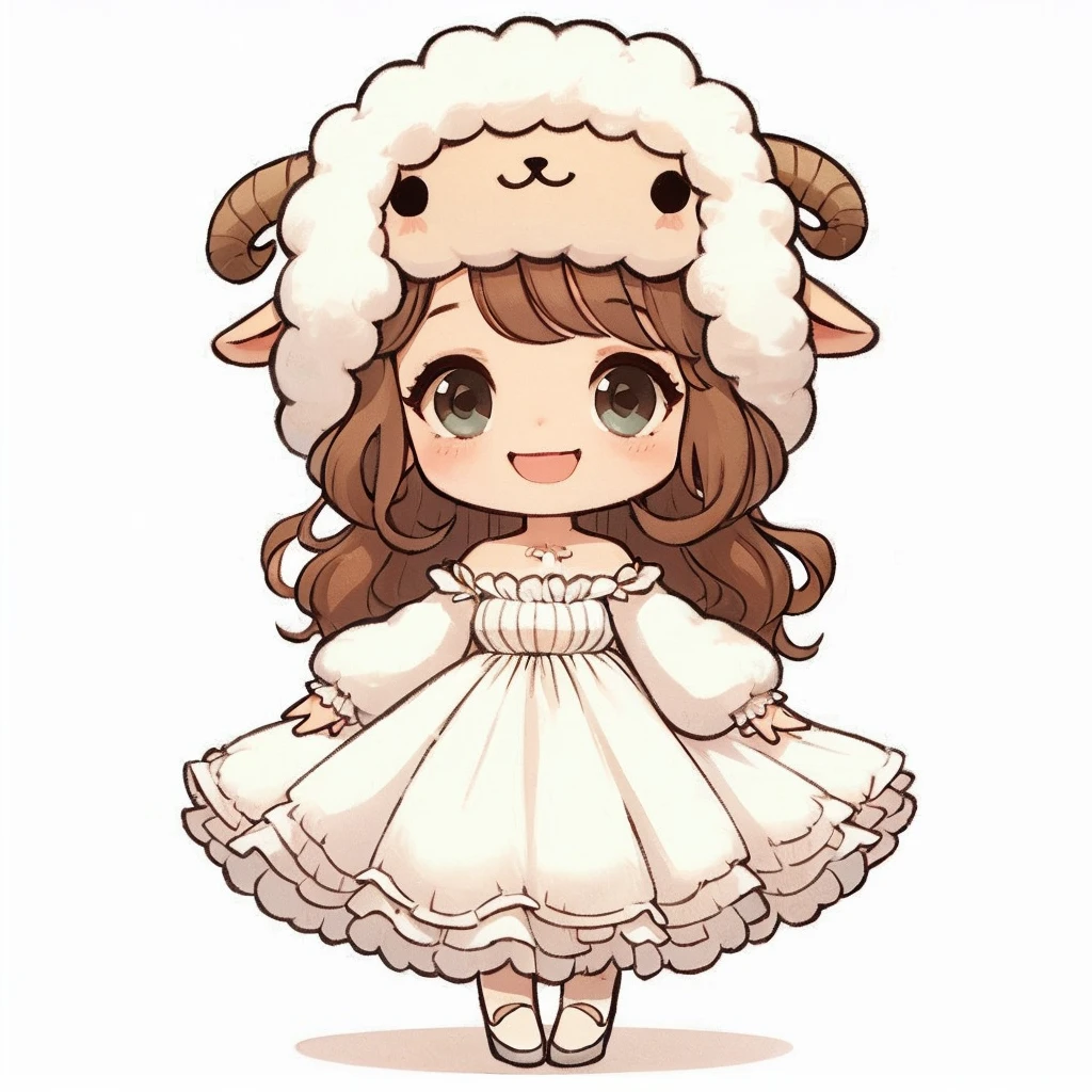 Sheep-like girl、Daytime、Standing on the grass、Facing forward、smile、Wearing a fluffy white dress、light pink short hair