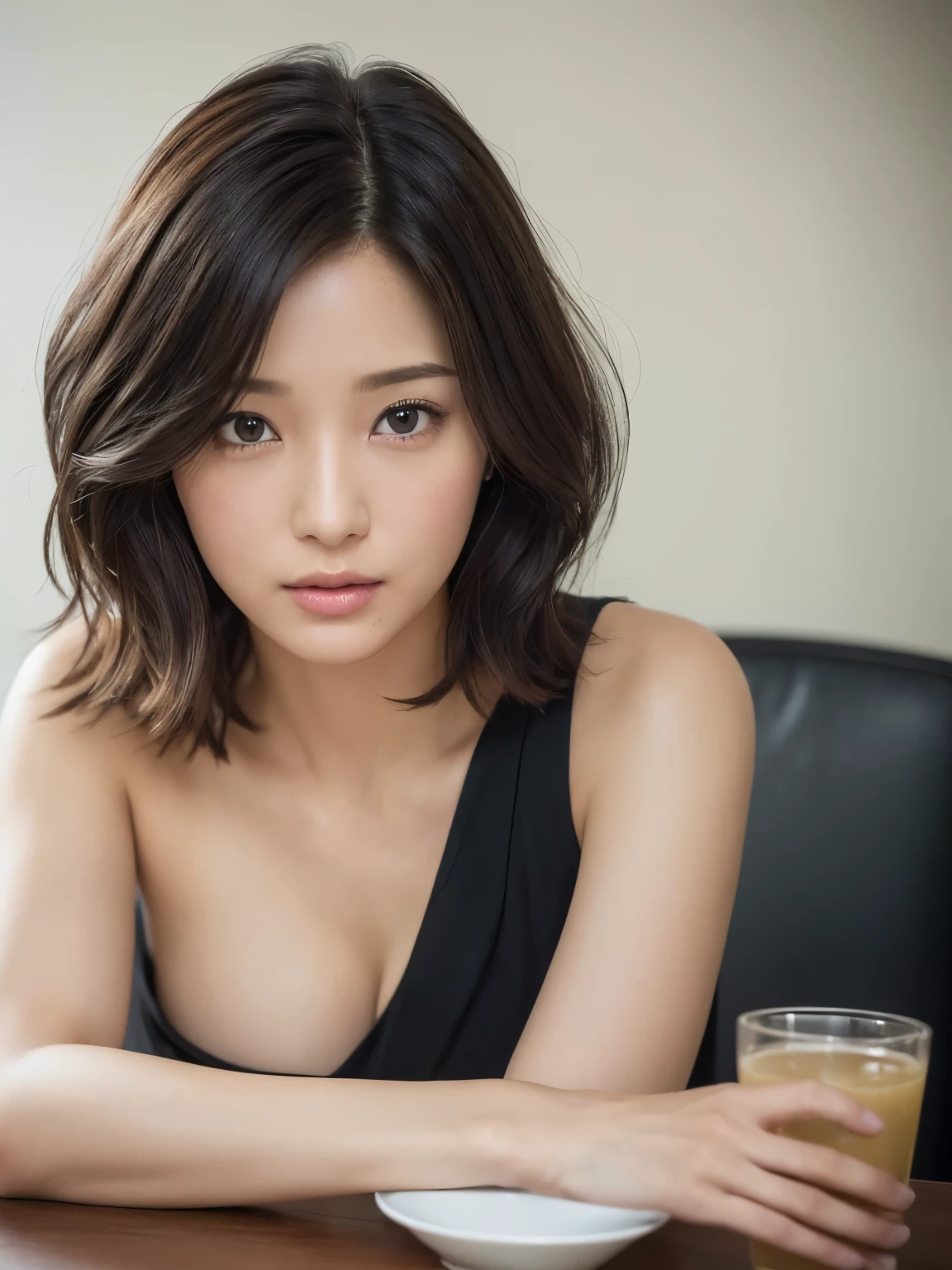 (layered haircut:1.2))、short wavy hair、8K、（Raw photo）、（最high quality）、（Photo realistic：1.4）realistic to the touch realistic、(4KHigh level image quality:1.2)、(High resolution, table top, Highest quality, high detail, formal: 1.4), (realistic: 1.2, Hyper-realistic: 1.1, Photo realisticです: 1.37), Depth of bounds written, (Detailed explanation of hair), (Detailed description of the face), unparalleled beauty,, (35 years old,: 1.4)、I&#39;m a little depressed、white wall、Taken in front of the white door、((A room with a white wall and a window))、natural soft light、short hair、beaver hair、realistic、High level image quality、high quality、profile、Versatile poses、profile、random pose、Autumn outfit、Winter clothes、 necklace