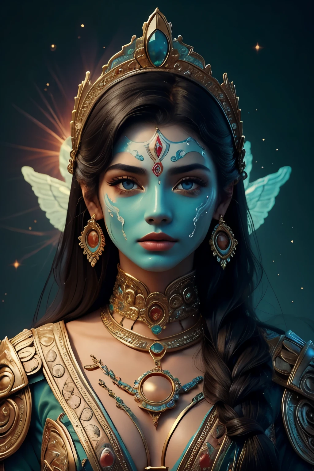 A MAYAN CLAY MASK MELTING ON THE FACE OF A BEAUTIFUL ITALIAN MODEL WITH SILKY BLACK HAIR, magnificent, celestial, ethereal, painterly, epic, majestic, magical, fantasy art, cover art, dreamy