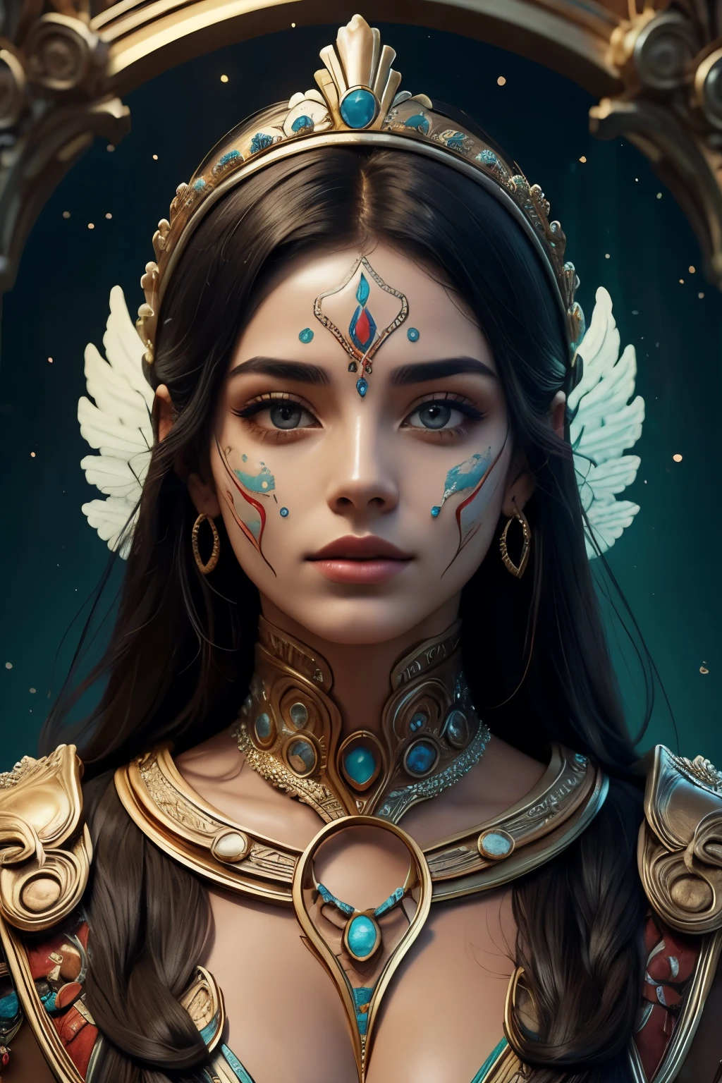 A MAYAN CLAY MASK MELTING ON THE FACE OF A BEAUTIFUL ITALIAN MODEL WITH SILKY BLACK HAIR, magnificent, celestial, ethereal, painterly, epic, majestic, magical, fantasy art, cover art, dreamy