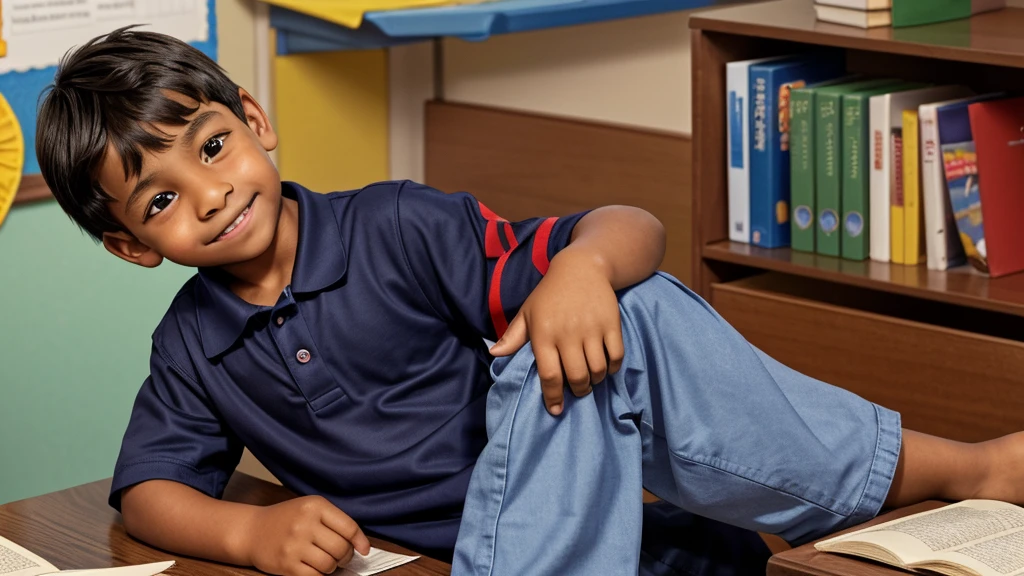 Photorealistic representation of a 7--old with straight dark brown hair, bangs covering his forehead and large, expressive brown eyes. Her round face and slightly rosy cheeks contribute to her innocent appearance. The boy is partially dressed in a navy blue , consisting of a long-sleeved shirt and matching pants. He is visibly sad, holding a book as he stands before his charismatic African-American teacher. Qua comforts you with a beautiful smile and kind words. The dramatic atmosphere of a mid-90s classroom is palpable, meticulously capturing the tears that welled up in the boy's eyes. This scene reflects the deep drama and bullying that many autistic children suffered during that period.