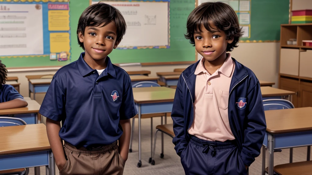 Photorealistic representation of a 7--old with straight dark brown hair, bangs covering his forehead and large, expressive brown eyes. Her round face and slightly rosy cheeks contribute to her innocent appearance. The boy is partially dressed in a navy blue , consisting of a long-sleeved shirt and matching pants. He is visibly sad, holding a book as he stands before his charismatic African-American teacher. Qua comforts you with a beautiful smile and kind words. The dramatic atmosphere of a mid-90s classroom is palpable, meticulously capturing the tears that welled up in the boy's eyes. This scene reflects the deep drama and bullying that many autistic children suffered during that period.