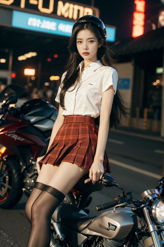 (((best quality))),(((ultra detailed))),(((masterpiece))),illustration,(1 beautiful girl,solo),((slim,thin)),((small breasts,flat chest)),(safety helmet:1.3),shoulder length straight hair,slender legs,cyberpunk, urban street,high school student, JK outfit,(riding on a motorcycle:1.3), sleek, (white collared short-sleeved shirt:1.3), (red checkered pleated skirt:1.3),(pantyhose:1.3), stylish boots, confidence, determination, dark streets,neon lights, skyscrapers, urban noises, traffic, sirens, city sounds, futuristic, dystopian society, technology, fashion, explosive cocktail, style, , modernity, attitude, spirit, anything is possible,from front