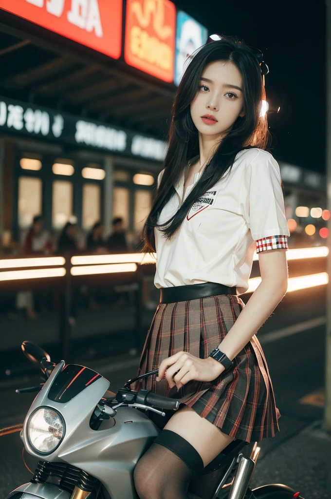 (((best quality))),(((ultra detailed))),(((masterpiece))),illustration,(1 beautiful girl,solo),((slim,thin)),((small breasts,flat chest)),(safety helmet:1.3),shoulder length straight hair,slender legs,cyberpunk, urban street,high school student, JK outfit,(riding on a motorcycle:1.3), sleek, (white collared short-sleeved shirt:1.3), (red checkered pleated skirt:1.3),(pantyhose:1.3), stylish boots, confidence, determination, dark streets,neon lights, skyscrapers, urban noises, traffic, sirens, city sounds, futuristic, dystopian society, technology, fashion, explosive cocktail, style, , modernity, attitude, spirit, anything is possible,from front