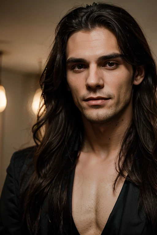 A vampiric handsome man new romantic with soft face and long hair