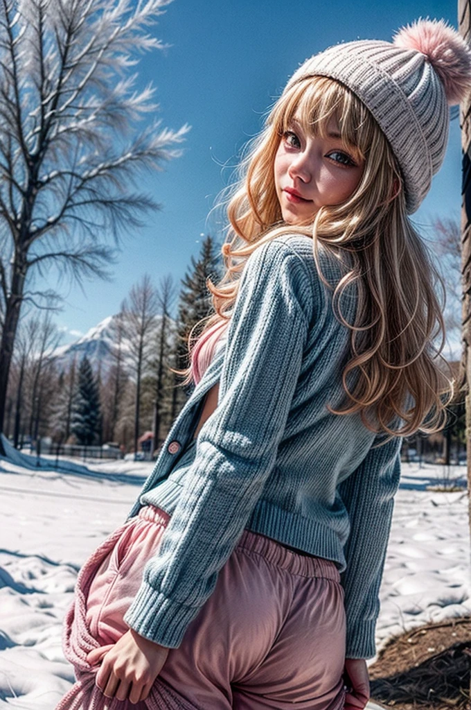 blonde long hair, cute, curly bangs hairstyle, blue sky, trees in background, pink 80s suit, pink beanie, posing, white winter clothes, cute wink, white thong, pants pulled down, view from behind, medium breast