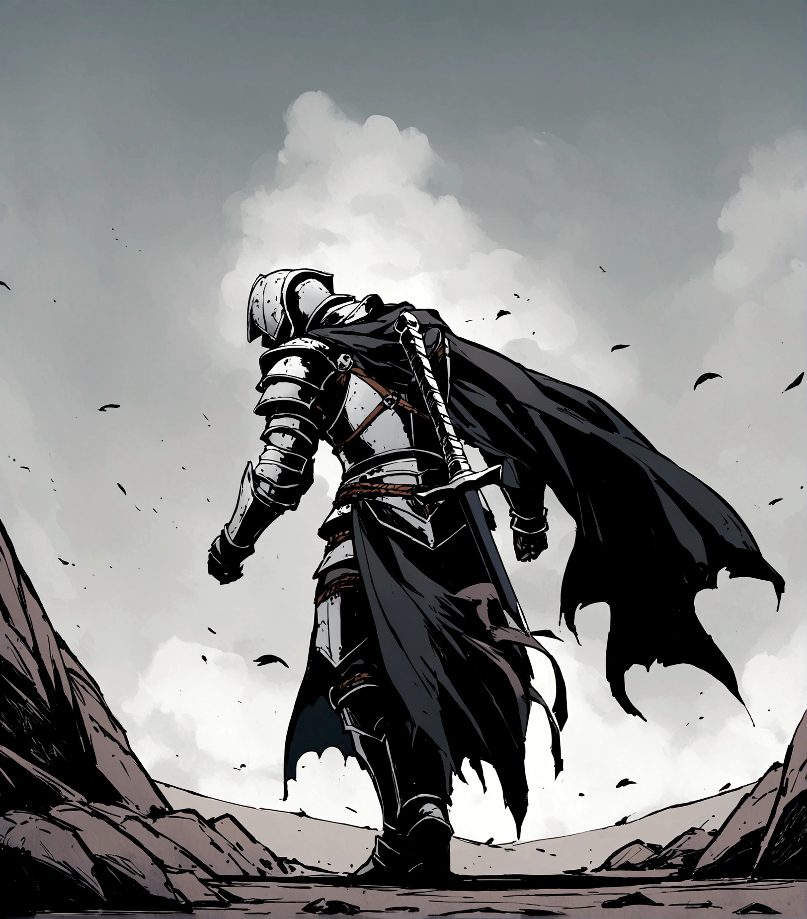 ((manga style drawing)) male templar knight in armor in the middle of a desolate battlefield, with a black cape hanging on his back and a medieval helmet on his head and with a black sword tied to his back by leather ropes
