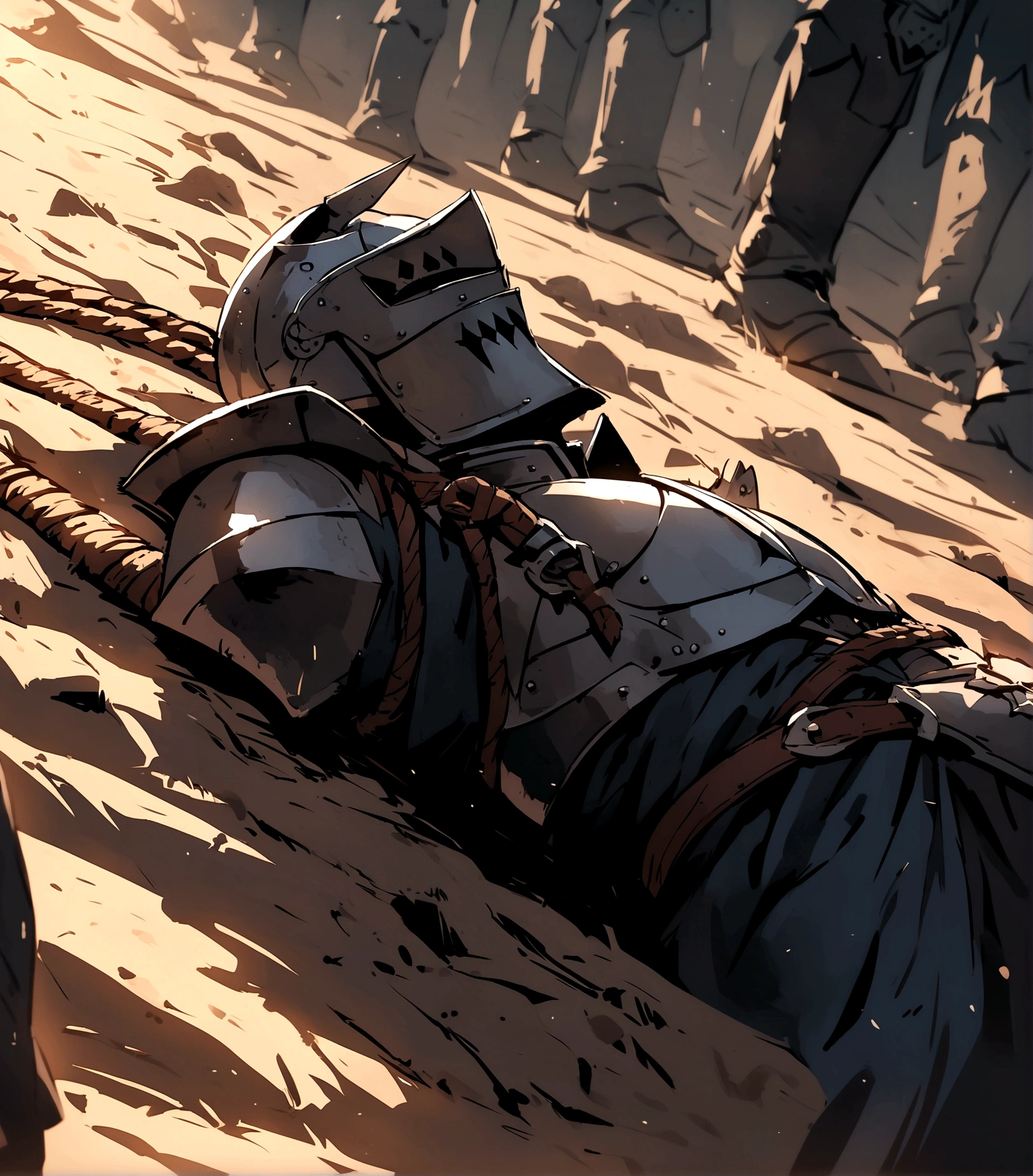 ((manga style drawing)) male templar knight in armor in the middle of a desolate battlefield, with a black cape hanging on his back and a medieval helmet on his head and with a black sword tied to his back by leather ropes