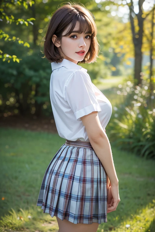 nsfw, 8K raw photo, Best quality, masterpiece, ultra high res, film grain, filmg, 1girl, looking at viewer, natural skin texture, realistic eye and face details, full lips, lipstick, (makeup), red eyeshadow, fluffy short hair, messy hair, smile, close mouth, beautiful legs, tall female, skinny, slim_legs, solo, enormous breast, cleavage, Pose with buttocks facing you, ultra short skirt, ass, shirt, beautiful nature location, around flower location, (detailed background), plaid skirt, white shirt, enormous breast, cleavage, Show a little cleavage through the shirt, loafers, blurry background, blurry, holding, plaid, short sleeves, jk ribbon on the neck, jk ribbon, brown hair, bracelet, water, bangs, , jewelry, parted lips, lips, from side, pleated skirt, depth of field