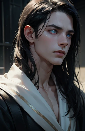 1male with black hair, blue eyes, and pale skin, 31 years old, (best quality,4k,8k,highres,masterpiece:1.2),ultra-detailed,(realistic,photorealistic,photo-realistic:1.37),cinematic lighting,dramatic lighting,intricate details,porcelain skin,elegant,serene,thoughtful expression,atmospheric,moody,dramatic shadows,chiaroscuro,neo-renaissance