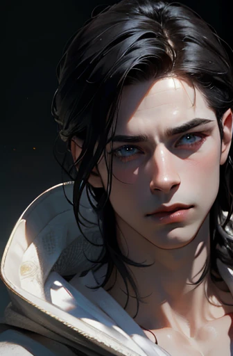 1male with black hair, blue eyes, and pale skin, 31 years old, (best quality,4k,8k,highres,masterpiece:1.2),ultra-detailed,(realistic,photorealistic,photo-realistic:1.37),cinematic lighting,dramatic lighting,intricate details,porcelain skin,elegant,serene,thoughtful expression,atmospheric,moody,dramatic shadows,chiaroscuro,neo-renaissance
