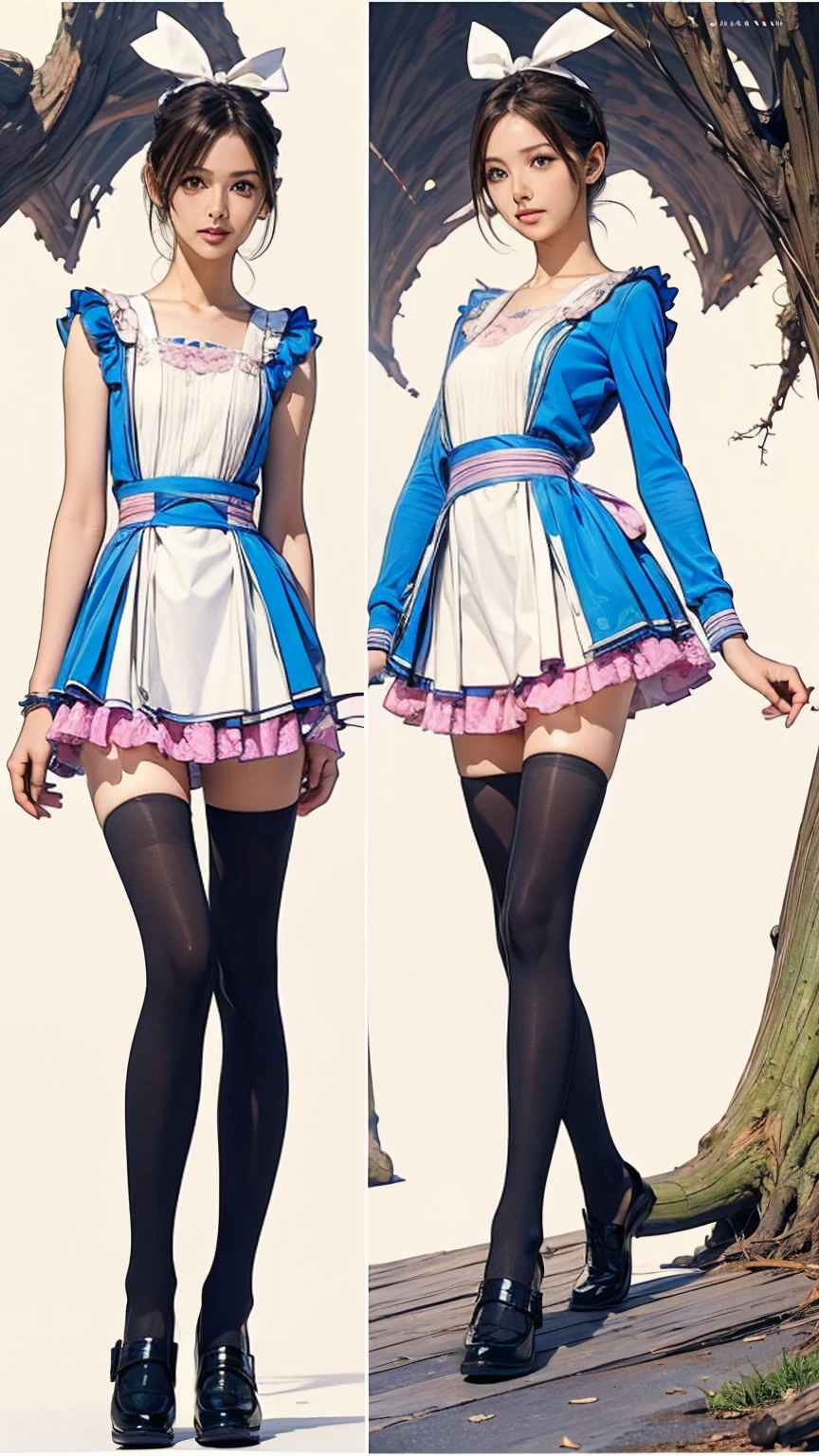 ((masterpiece)),(((Highest quality))),((Character design sheet)),Thin thighs,Long legs,((Alice in Wonderland, wearing a large ribbon on your head,, wear black tights，loafers))、20 year old Japanese woman， (Very slim:1.4)、Low - Angle，Walking:1.5，