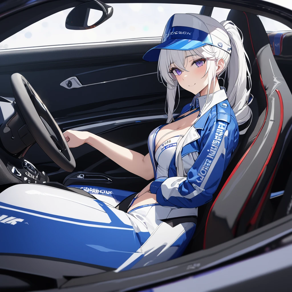 A woman wearing a race queen outfit, blue with white details, blue leather boots, long white hair, race queen hat, purple eyes, ponytail hair, sitting on a car seat, inside a race car, interior of the perfect racing car, perfect seats, holding the steering wheel of the car perfectly, perfect steering wheel, high quality, very detailed, smiling. UHD , prime work , accurate , anatomically correct , textured skin , super details , high quality , best quality, 8k, high resolution, bokeh effect. (woman alone),
