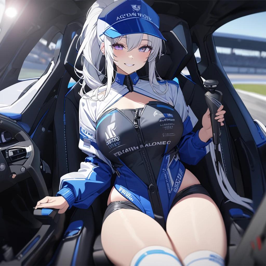 A woman wearing a race queen outfit, blue with white details, blue leather boots, long white hair, race queen hat, purple eyes, ponytail hair, sitting on a car seat, inside a race car, interior of the perfect racing car, perfect seats, holding the steering wheel of the car perfectly, perfect steering wheel, high quality, very detailed, smiling. UHD , prime work , accurate , anatomically correct , textured skin , super details , high quality , best quality, 8k, high resolution, bokeh effect. (woman alone),
