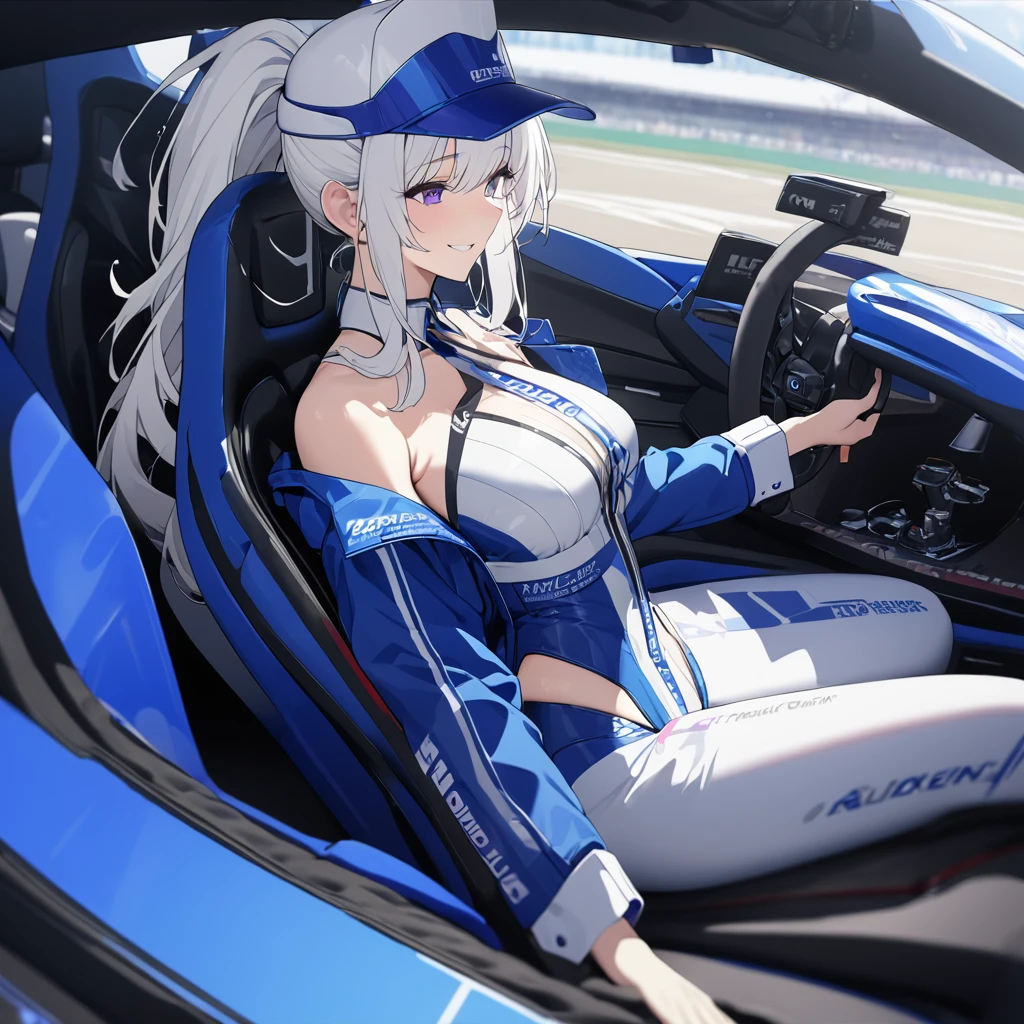 A woman wearing a race queen outfit, blue with white details, blue leather boots, long white hair, race queen hat, purple eyes, ponytail hair, sitting on a car seat, inside a race car, interior of the perfect racing car, perfect seats, holding the steering wheel of the car perfectly, perfect steering wheel, high quality, very detailed, smiling. UHD , prime work , accurate , anatomically correct , textured skin , super details , high quality , best quality, 8k, high resolution, bokeh effect. (woman alone),
