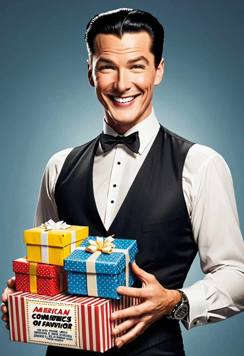 Dark Style,American comics,American comics画风, A manipulator (30s, charming smile, piercing eyes, slicked-back hair) holding a favor, like a gift or a helping hand
