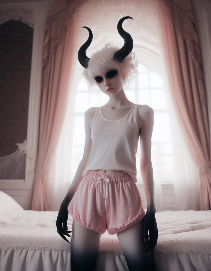 young demon girl with black horns, (pitch black eyes:1.2), relaxing near window, (wearing white tank top and pink bubble shorts:1.2), in bedroom with evil seductive vibe , ( black gradient arms and legs:1.2) , white hair , well lit , very skinny, a realistic baroque bedroom, white canopy over bed, white drapes, damask patterns, intricate details, in the style of Vittorio Matteo Corcos