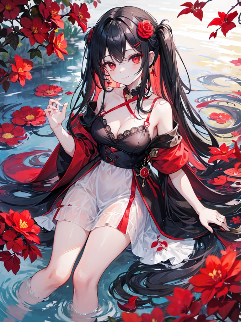 , red eyes, long wavy curry black hair, kid, smile, background in lake garden. Wear a flower-shaped hairpin on only one side. she is vampire.