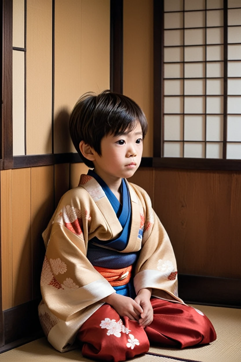 A young boy, around 5-6 years old, sits in the corner of a traditional Japanese room, dressed in a kimono. He has a slightly old-fashioned hairstyle and an innocent expression, but there is something otherworldly about his aura. The surrounding details reveal the interior of an old Japanese house.